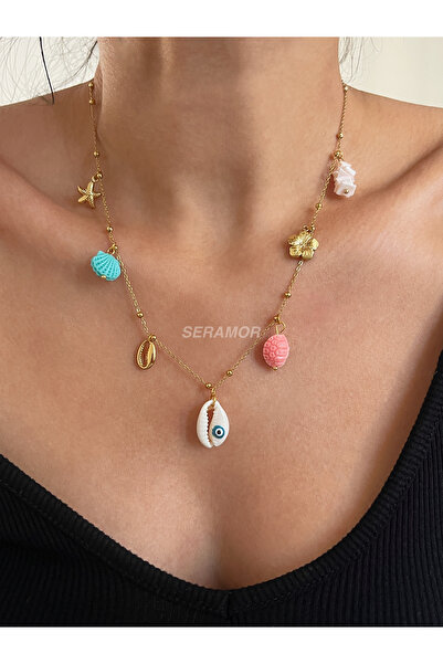 SERAMOR سلسلة فولاذية مع قلادة على شكل صدفة بحر مزينة بخرزة العين الشريرة