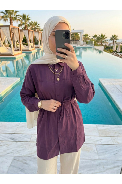 Kirazca Butik Women's Crinkle Fabric Belted Hijab Shirt
