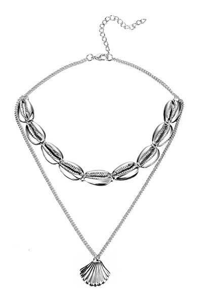 VeeShop Coliere multilayer cu doua lantisoare, cu scoici metalice - Argintiu