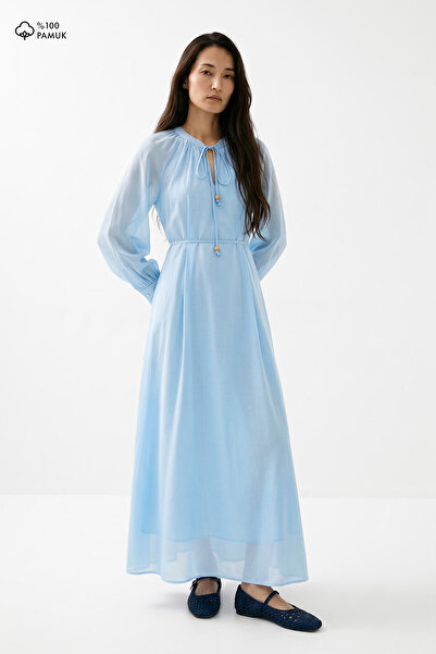 Hooopstore Pamuklu Rahat Kesim Uzun Soft Mavi Elbise