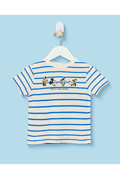 REDTAG Infant Boys White And Blue Striped Mickey And Friends T-Shirt