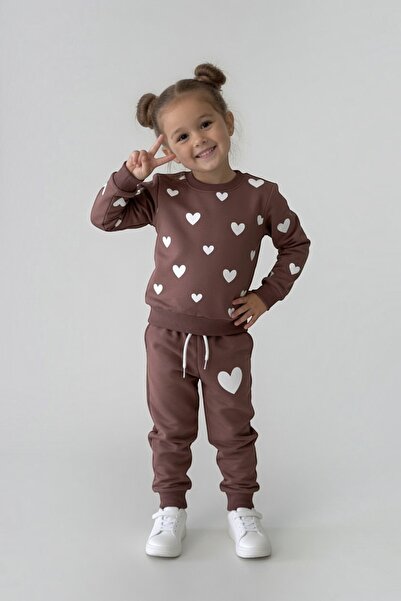 Kalyoncu Butik Heart Print Detailed Cotton Brown Girls' Set