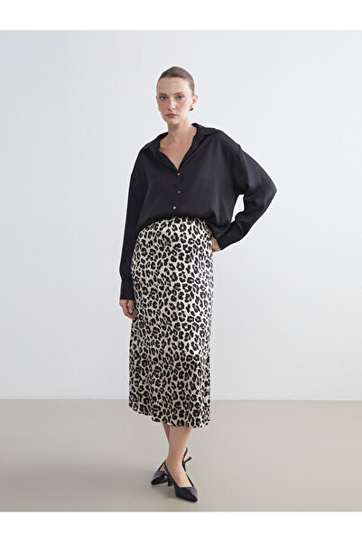 LC Waikiki Fustă din satin cu imprimeu leopard, croială în A, cu talie elastică