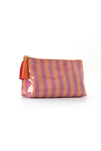 Choice6 OrangePink-Striped PVC Striped Cosmetic Bag Makeup Bag with Fringe an...