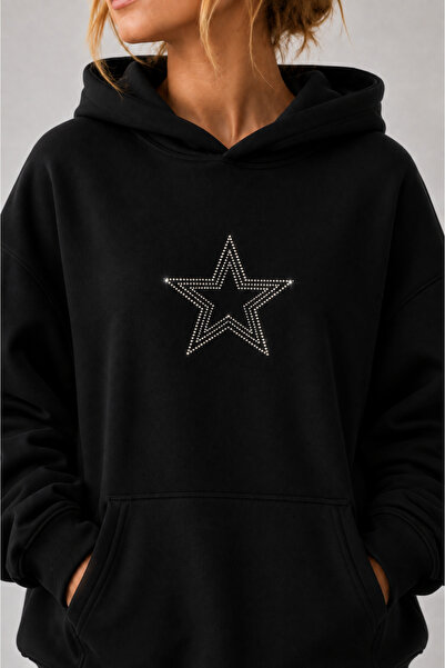LUMSHİNE Women's Shining Stone Star Patterned Oversize Sweatshirt with Inner ...