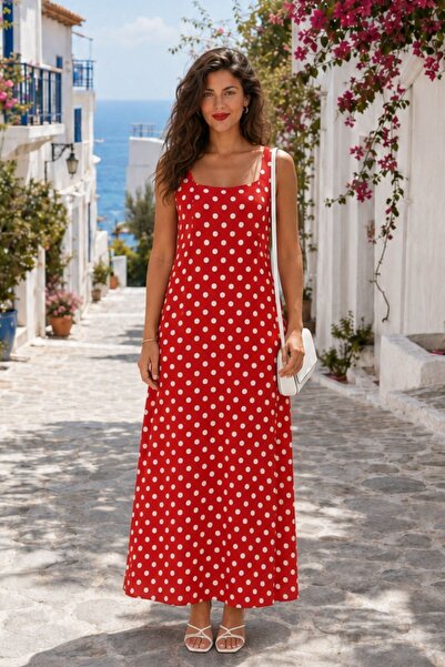 Mossta Strappy Round Neck Long Single Jersey Dress - Red