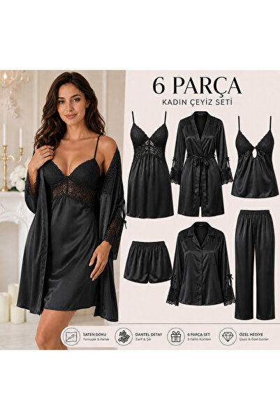 Best Dream Satin 6 Piece Boxed Lace Bridal Dowry Set Nightgown Dressing Gown ...
