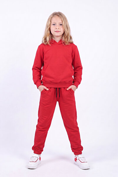 FYK KİDS Girl's Plain Kangaroo Pocket Hooded Tracksuit Set
