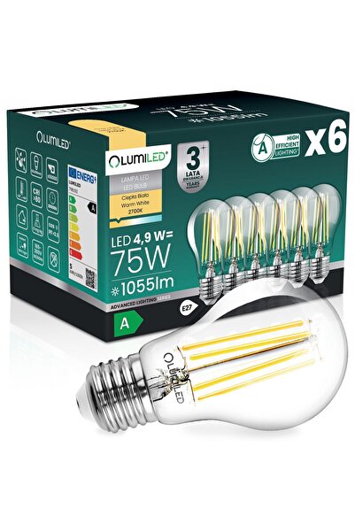 Lumiled 6x Bec LED E27 A60 4.9W 1055lm = 75W 2700K Cald 360 °   Filament CLASA A