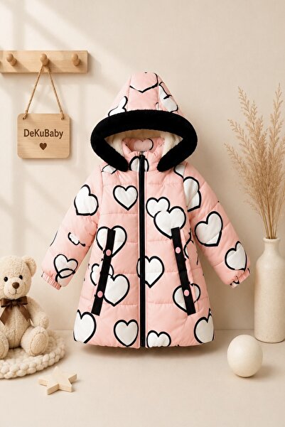 DeKuBaby New Cute Heart Printed Furry Pocket Hooded Winter Plush Inside Infla...