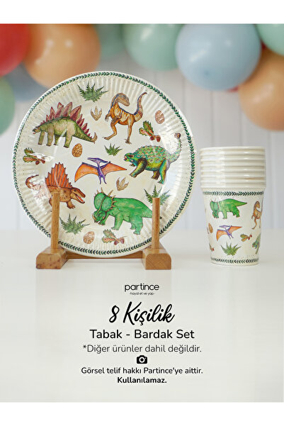 partince 8 Kişilik Dinozor Tema Kullan At Karton Tabak Bardak Parti Seti