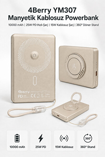 4 Berry YM307 10000 mAh Manyetik Kablosuz Powerbank – 25W PD Hızlı Şarj, 15W ...