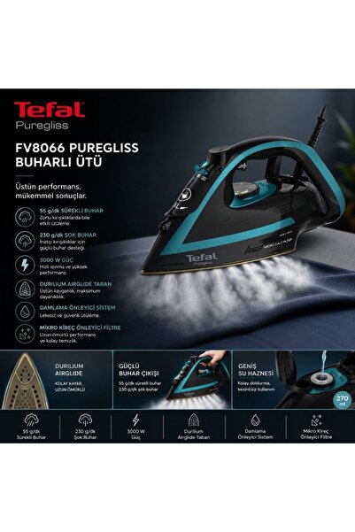 TEFAL FV8066 Puregliss 50 gr Sürekli ve 280 gr Şok Buharlı 3000 Watt Buharlı Ütü