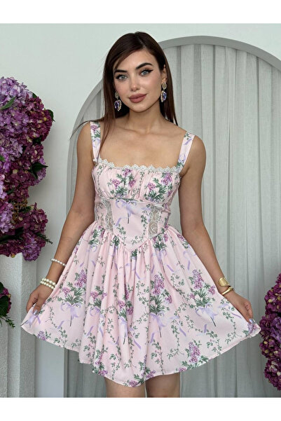 Clothes Fast Women's Pink Mini Dress with Floral Pattern, Straps, Lace Detail...