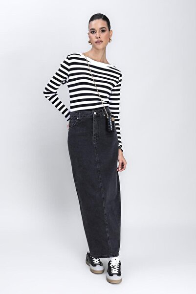 Moda Days Fusta lungă neagră din denim pentru femei, cu șliț la spate, buzuna...