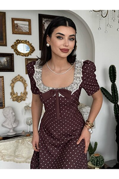 Clothes Fast Rochie midi de damă, maro, cu buline, cu detaliu fundă, cu guler...