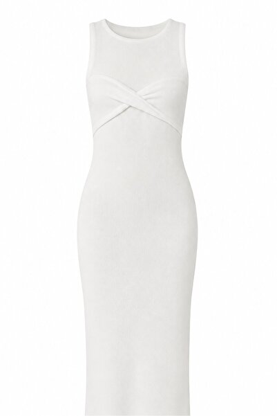 Laluvia White Knitted Beach Dress with Twist Detail on the Front - 7251