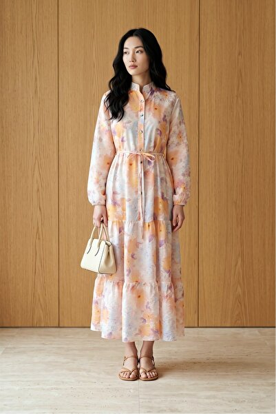 MODAQU Patterned Polycotton Half-Buttoned Long Dress - Yavruağzı