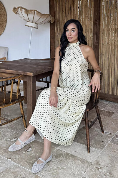 Aryena Yellow Women's Halter Neck Ruffled Polka Dot Dress
