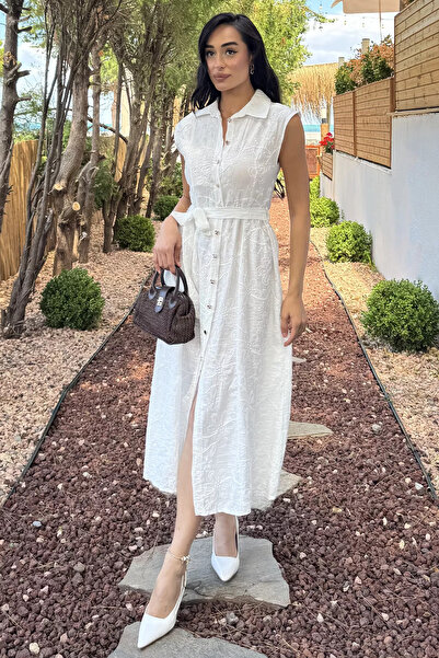 Aryena Cream Cordine Embroidered Zero Sleeve Shirt Dress