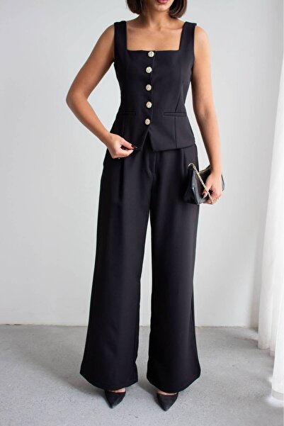 NEW JOURNAL Women's Black Stone Button Detailed Corset Vest Double Set Nh265844