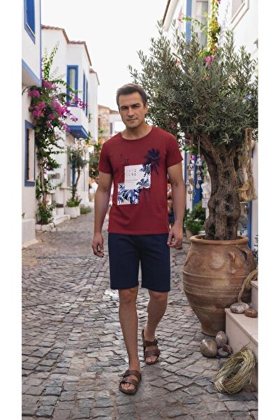 seamlife Çağrı 9832 Claret Red Navy Blue Palm Tree Patterned Pocketed Half Sl...
