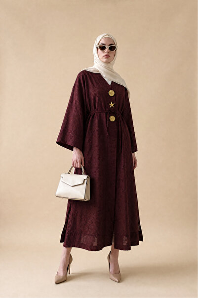 LENFORA Desenli Kabartmalı Yırtmaçlı Jakarlı Kimono -Bordo