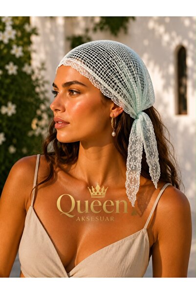 QUEEN AKSESUAR وشاح باندانا نسائي من الدانتيل الأخضر المزين بالترتر والدانتيل...