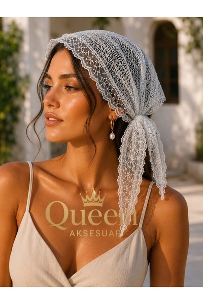 QUEEN AKSESUAR وشاح أبيض رمادي مزين بالترتر مع رباط دانتيل للنساء
