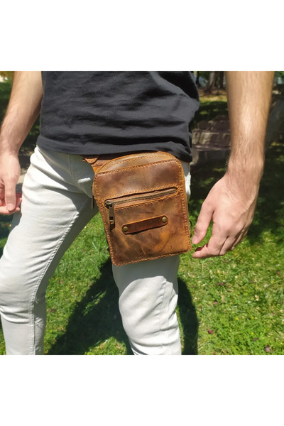 Sentor Deri Hakiki Deri Bacak ve Bel Çantası | El Yapımı Vintage Kahverengi E...