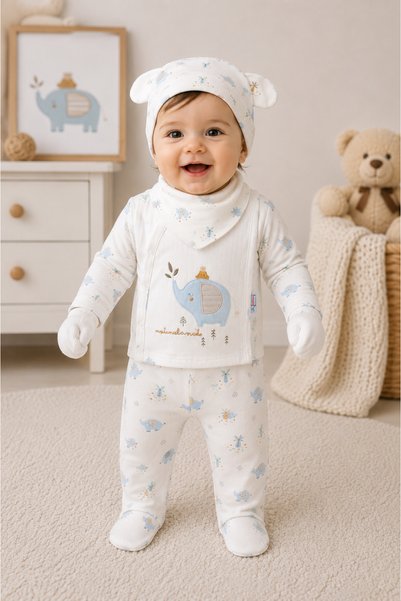 EDM Kidss 100% Cotton Newborn Baby Boy 5-Piece Hospital Discharge Set 100% Cotton Elephant Embroidered Patterned Bodysuit Set Size 56 (0-3 Months)