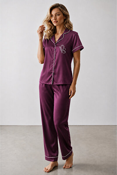 VİP SECRET Short-Sleeved Satin Pajama Set - Stone Printed
