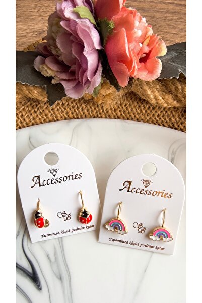 Yeşim Aksesuar Ladybug and Rainbow Children's Earring Set, 2-Piece Ladybug Ra...