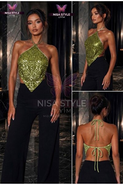Nisa Sequin Sequin Halter Neck Backless Crop Top