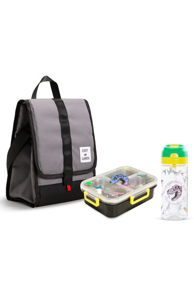 Eazy Kids 800ml Lunch Box with 500ml Water Bottle & Grey Lunch Bag - Black & ...
