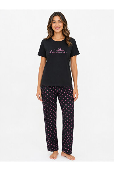 FAMES PİJAMA Women's Summer Short Sleeve Awesome Black Pajama Set