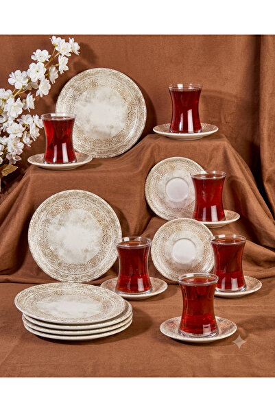 By Bone Porselen Antico 18 Parça 6 Kişilik Pasta Seti ve Çay Seti