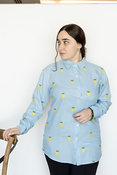 LINELLE Blue Pineapple Print Classic Ladies Shirt