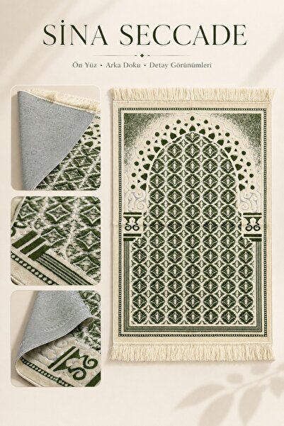 İlkbenaldim Green Sina Prayer Rug Lined with Velvet, Soft Textured, Hajj Umra...
