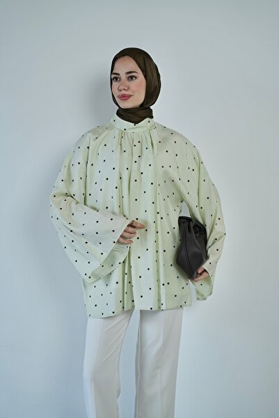 QUWİQ Women's Polka Dot Spanish Sleeve Draped Hijab Shirt