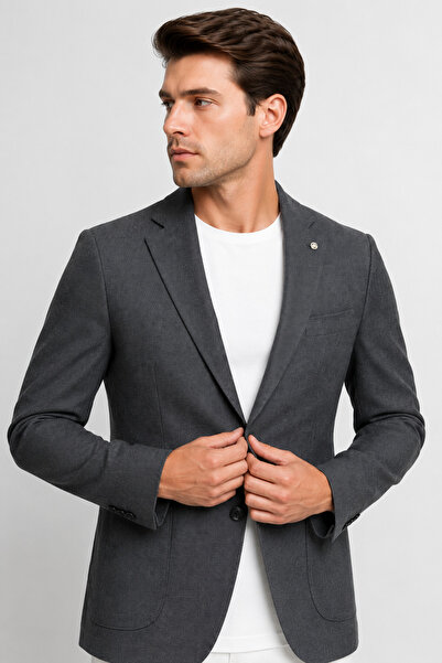 Sabri Özel Men's Textured Half-Lined Flexible Blazer Single Jacket 12010-Dark...