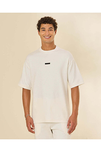 REDTAG Men Ivory Pleated Interlock Lounge T-Shirt