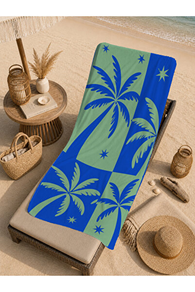Evmila Prosop de plajă cu model retro albastru verde palmier tropical de coas...