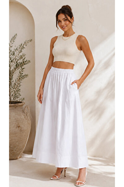 MetuCA Women's White Cotton Poplin Lined Pinterest Maxi Long Skirt with Pockets