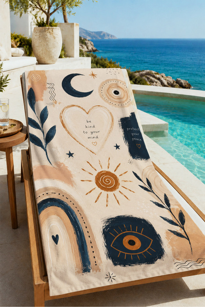 Evmila Bohemian Owl Sun Moon Motif Patterned 70X150 Beach Towel - Digital Pri...