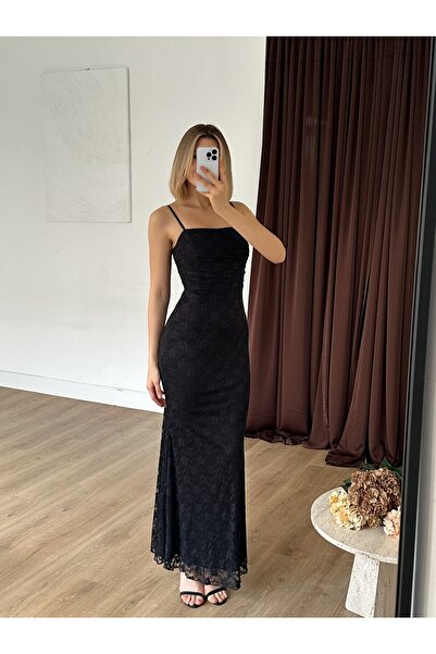 Clothes Fast Women's Black Thin Straps Square Neck Lace-Up Backless Lace Maxi...