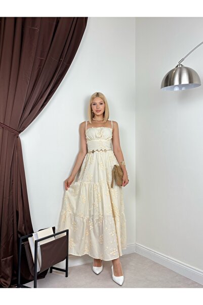 Clothes Fast Rochie maxi de damă, bej, cu bretele, guler pătrat, broderie flo...