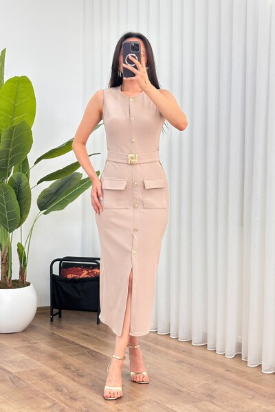 Clothes Fast Women's Beige Belted Buttoned Sleeveless Midi Dress with Slit an...