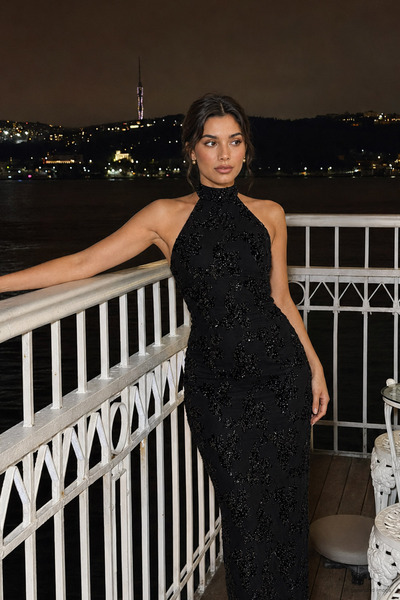 Ortaya Çık Black Halter Neck Sparkling Dress