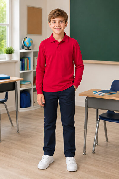 QKK Children's Unisex Red Long Sleeve Polo Collar School T-Shirt 100% Cotton ...